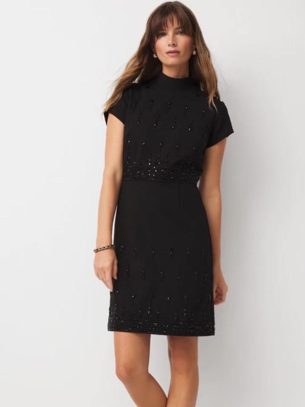 White House Black Market crepe embellished Black Beaded Cocktail Dress 8 P New